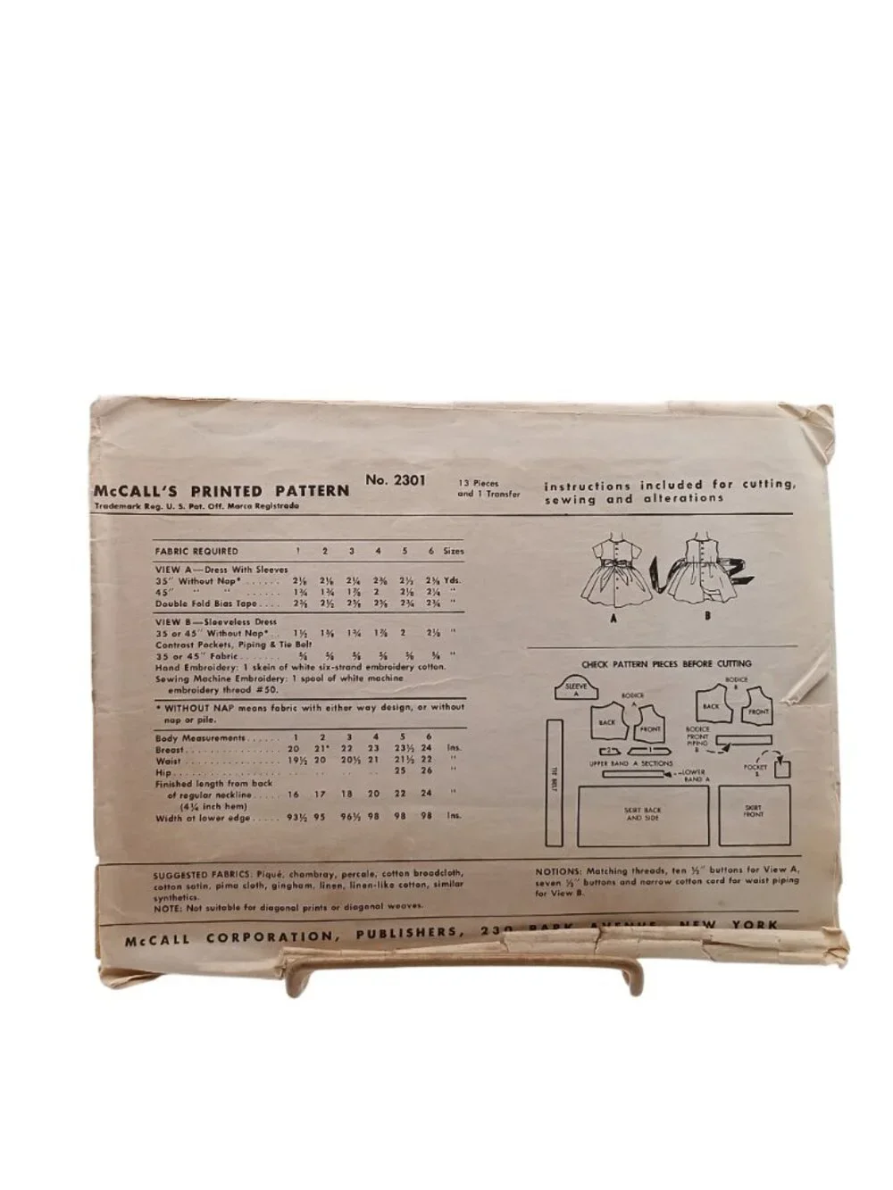 McCalls Childs Dress Sewing Pattern No. 2301 1950s Size 2 Vintage